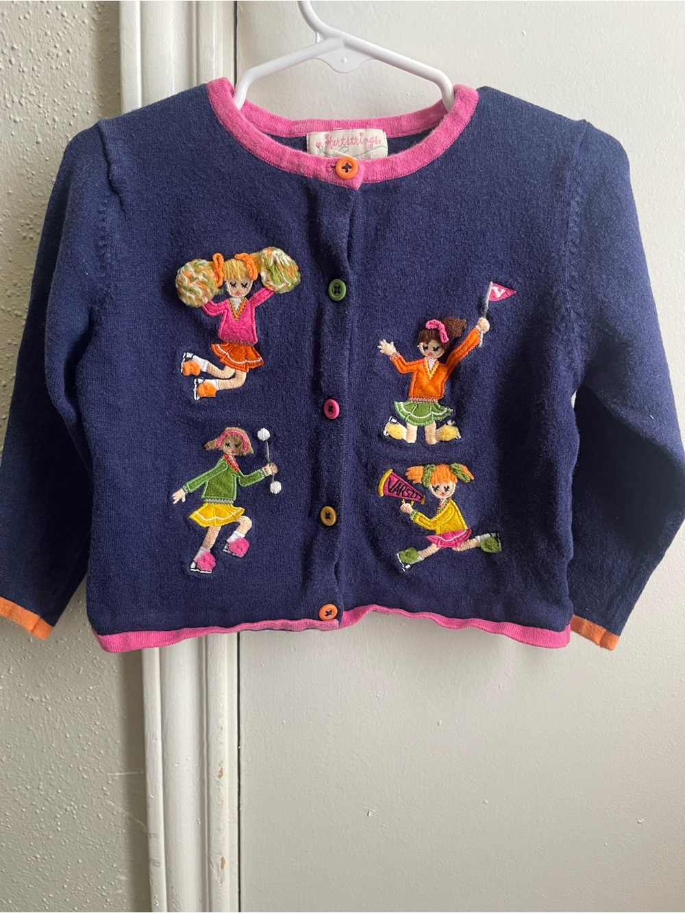 Hartstrings Navy Girls' Cheerleader Embroidered Cardigan - Pink Trim
